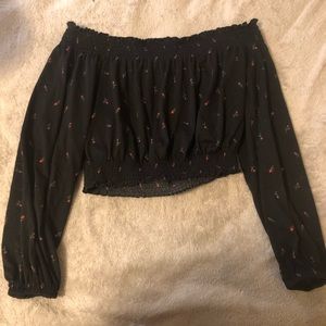 black w/ tiny roses off the shoulder crop top